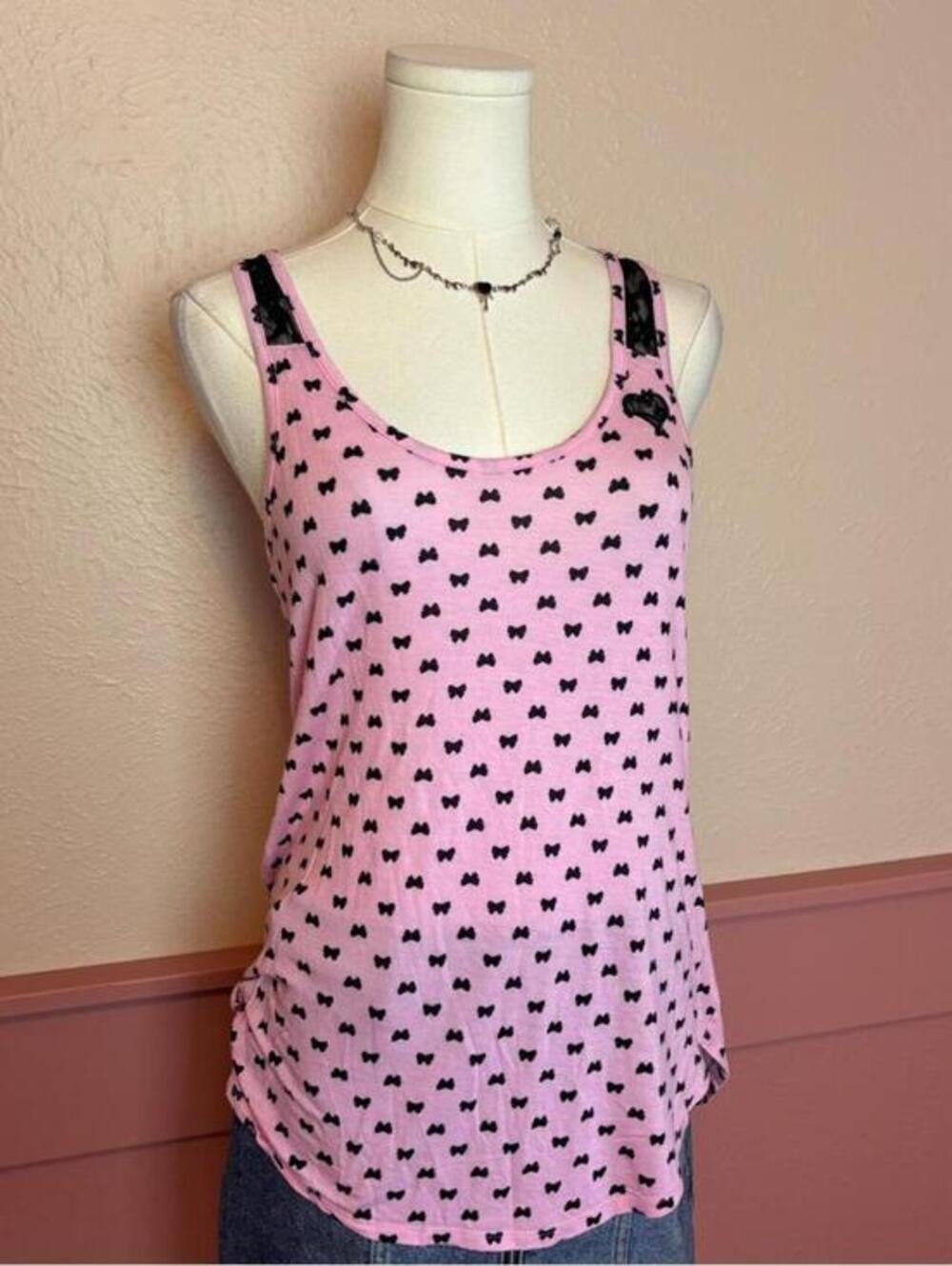 betsey johnson y2k top  pink black sz small lace bows scene mcbling coquette